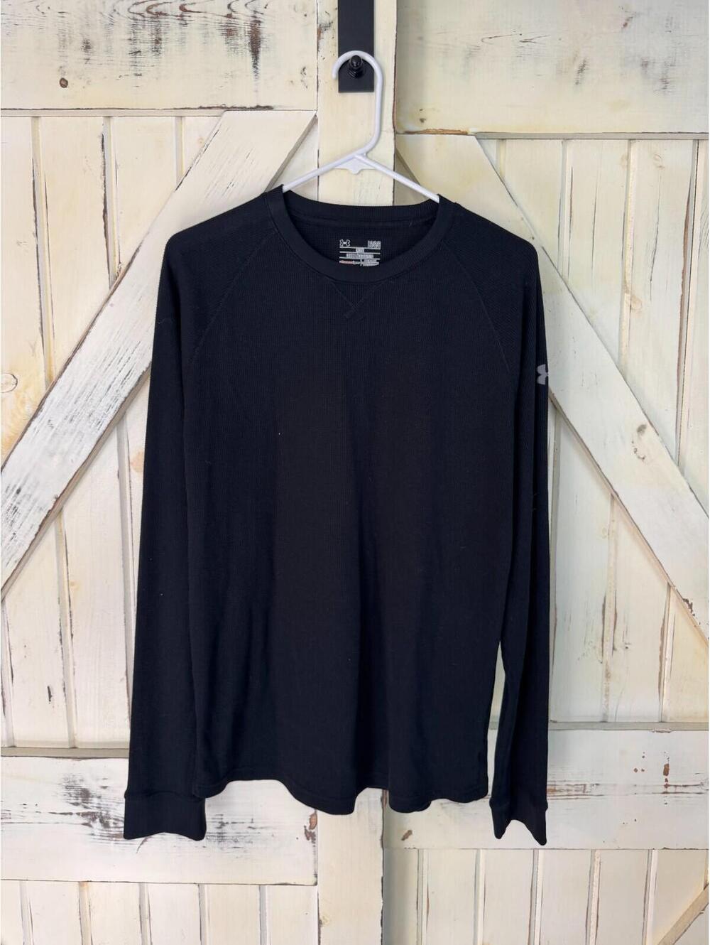 Under Armour Mens Waffle Knit Thermal Shirt Size L Black Long Sleeve Loose Fit